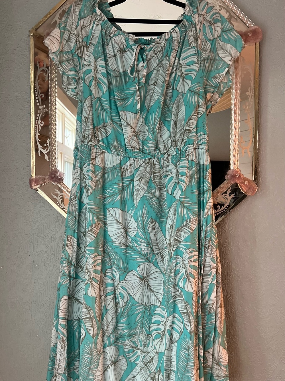 Talbots Teal Tropical Leaf Maxi Dress